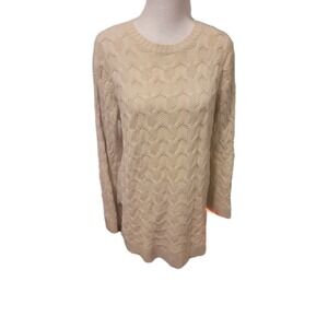 Womens Jeanne Pierre Beige Knit Wave 100% Cotton Crewneck Pullover Sweater Med